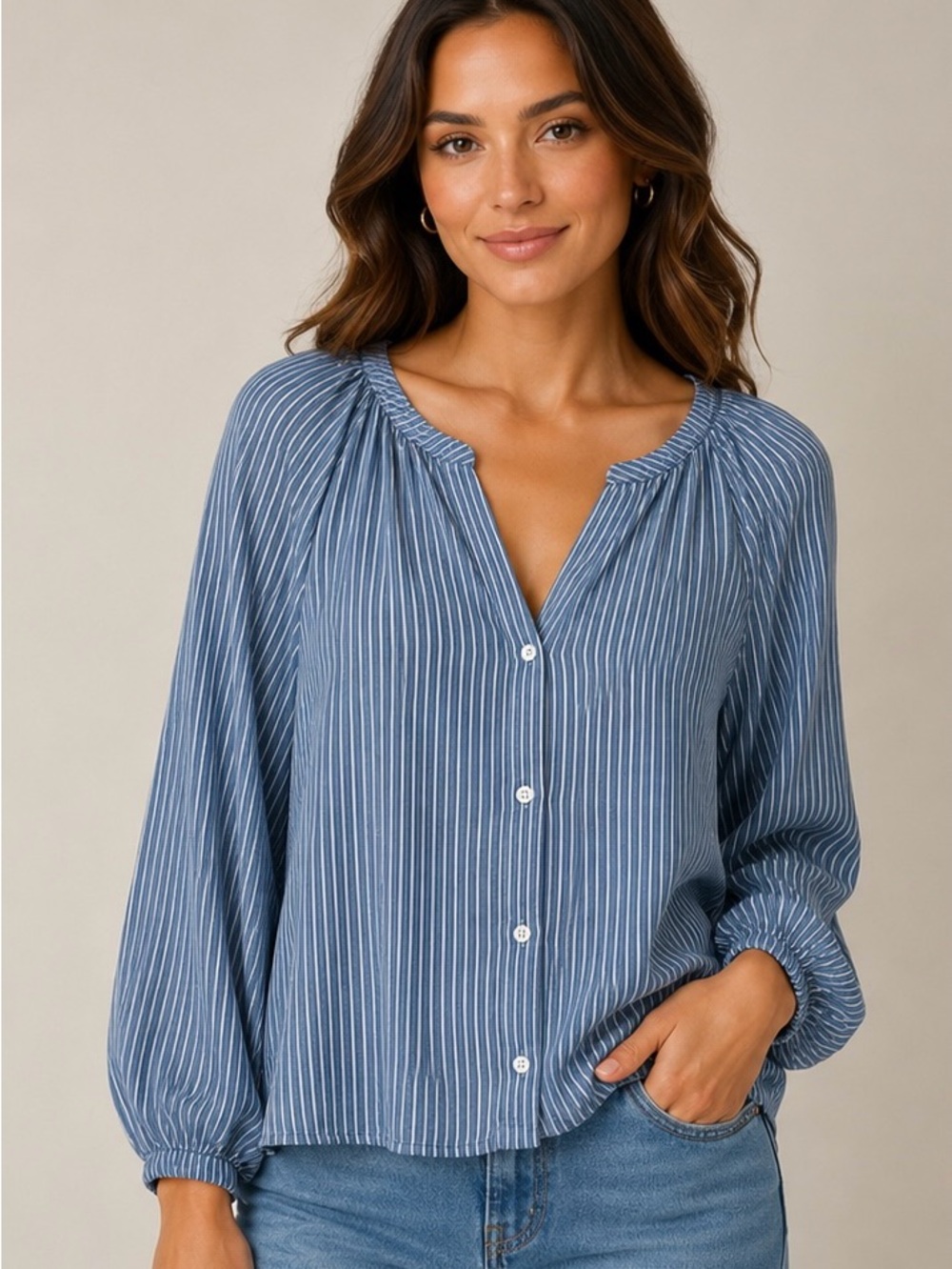 LOFT Blue and White Striped Long-Sleeve Button Blouse